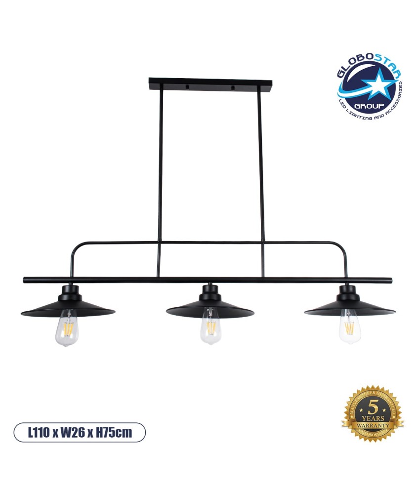 GLOBOSTAR® REGAL 01009 Vintage Φωτιστικό Οροφής με Ντουί 3 x E27 AC 220-240V IP20 - Μαύρο - Μ110 x Π26 x Υ75cm